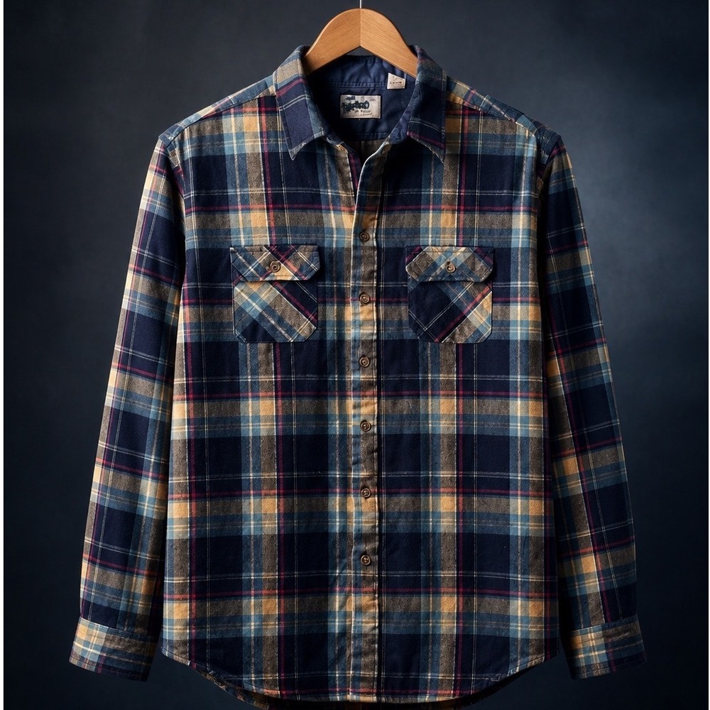 Vintage Sears Flannel Shirt Mens XL Blue Plaid Long Sleeve Grunge Utility 70s